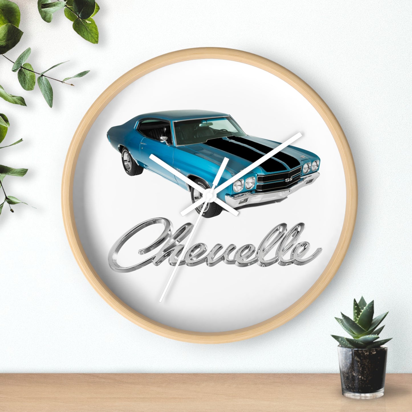Blue 1970 Chevelle w black stripes Wall clock Gift Decor Classic Muscle side