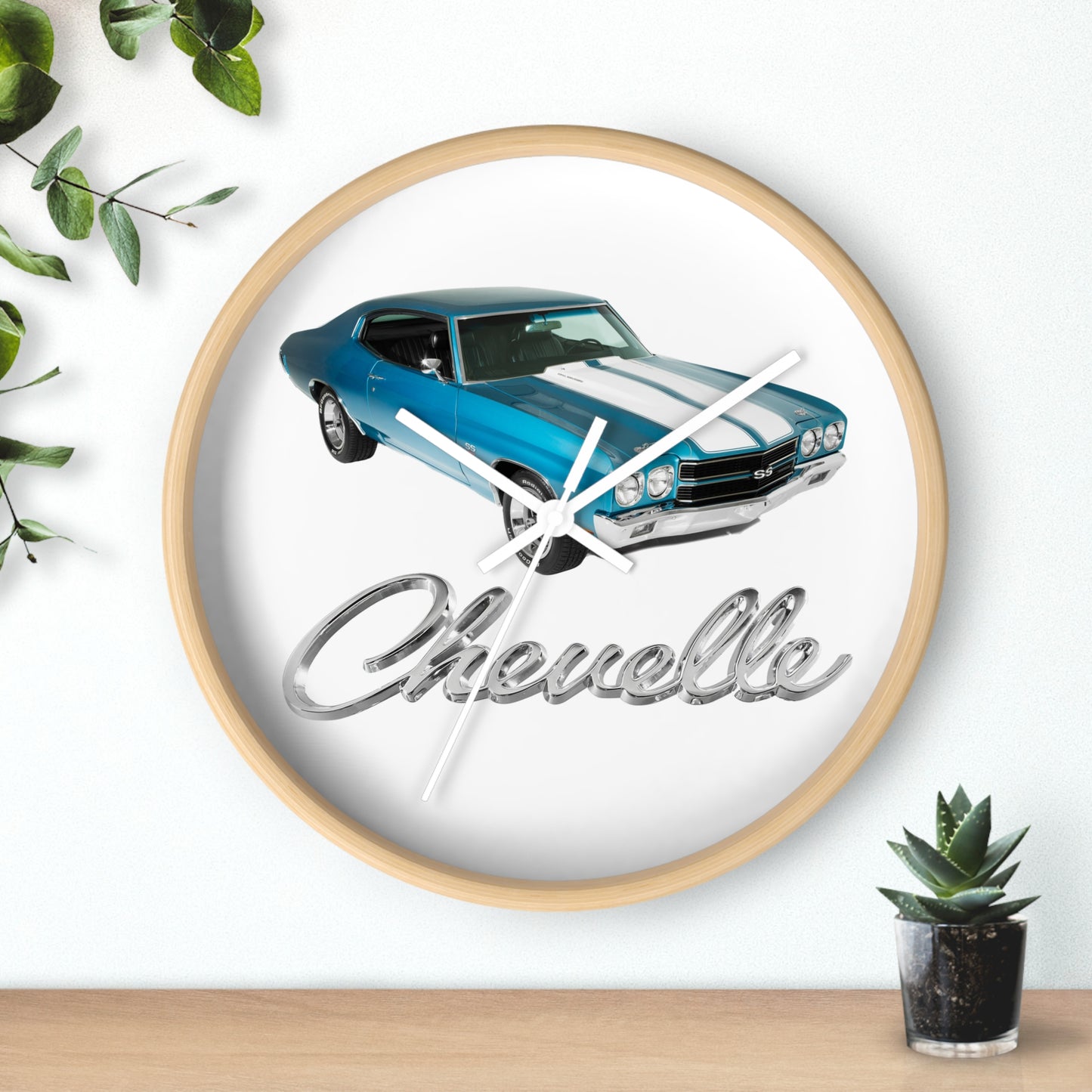 Blue 1970 Chevelle w White stripes Wall clock Gift Decor Classic Muscle side