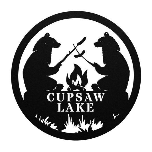 Cupsaw Lake New Jersey Metal Sign Campfire Bear Wall Art Decor Black Bear