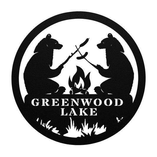 Greenwood Lake Metal Sign Campfire Bear Wall Art Decor
