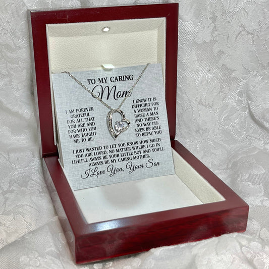 To My Caring Mom, Forever Love Heart necklace 14K white gold & cubic zirconia pendant gift