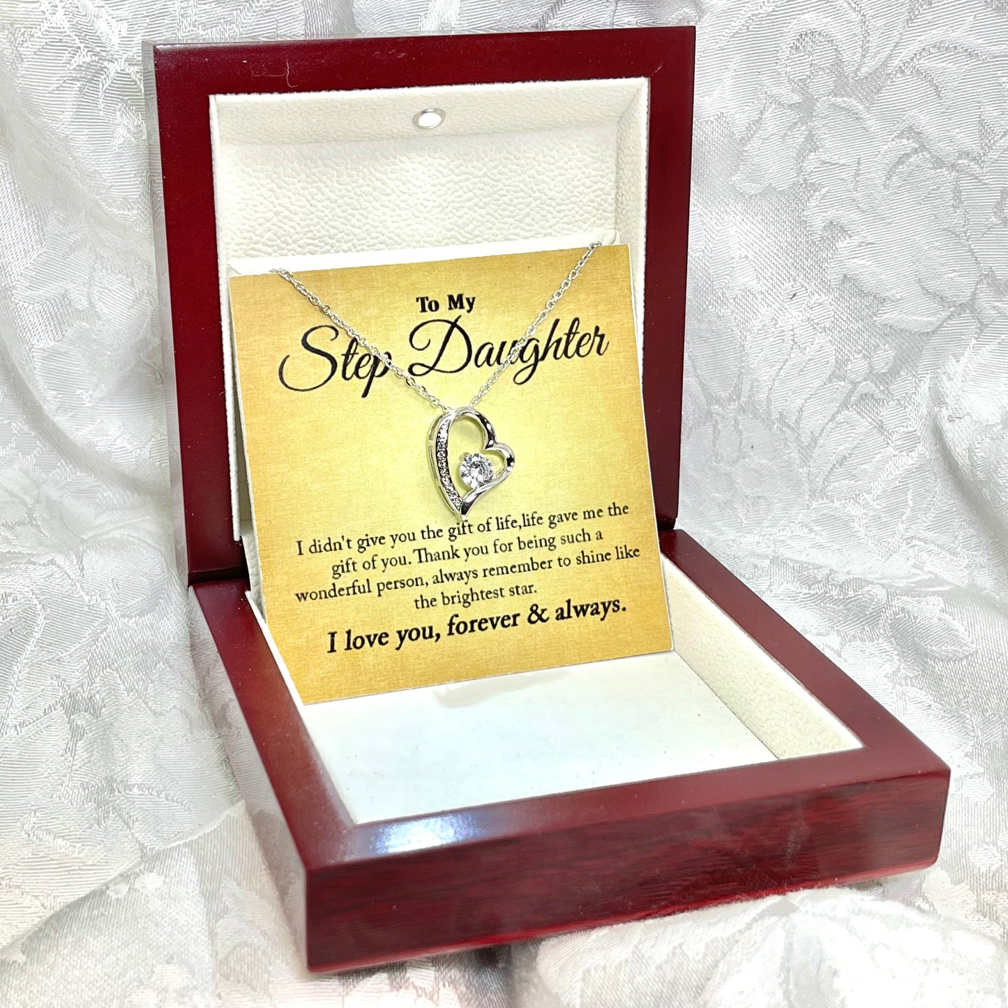 To My Step Daughter, Forever Love Heart necklace 14K white gold & cubic zirconia pendant gift
