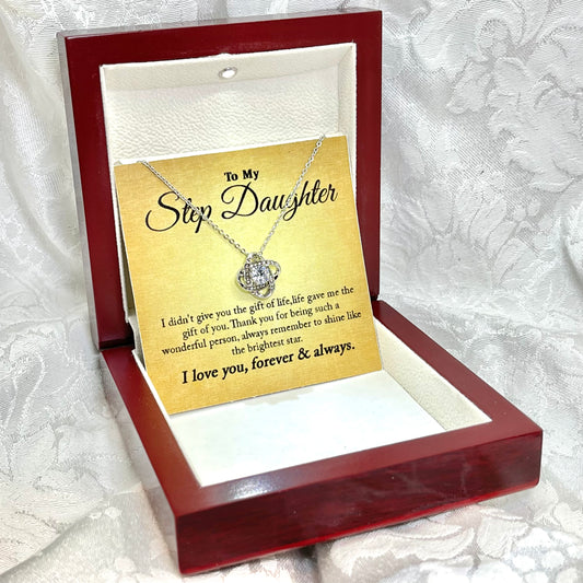 To My Step Daughter, Love Knot necklace 14K white gold & cubic zirconia pendant gift