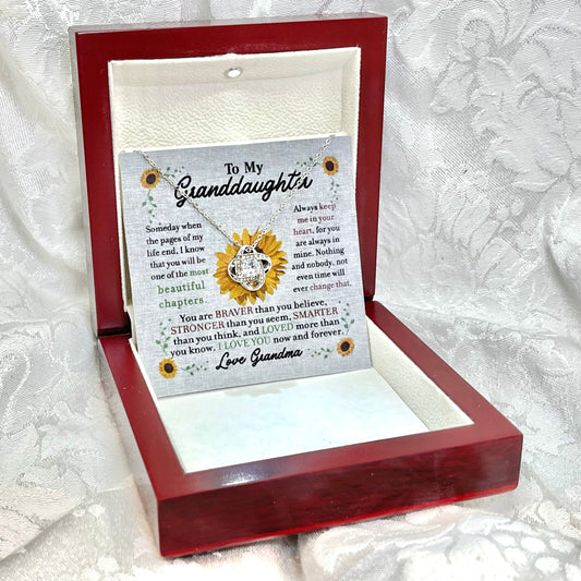 To My Granddaughter, Love Knot necklace 14K white gold & cubic zirconia pendant gift