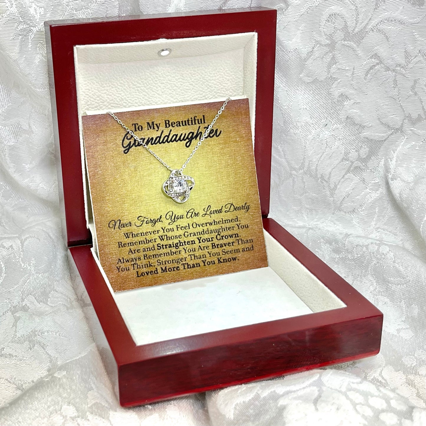 To My Granddaughter, Love Knot necklace 14K white gold & cubic zirconia pendant gift