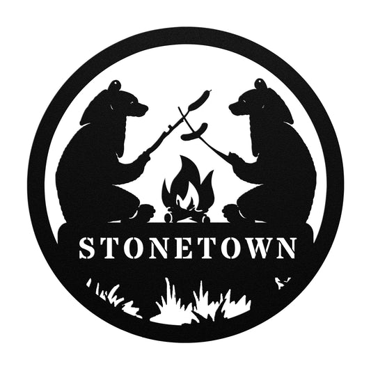 Stonetown Ringwood New Jersey Metal Sign Campfire Bear Wall Art Decor Black Bear
