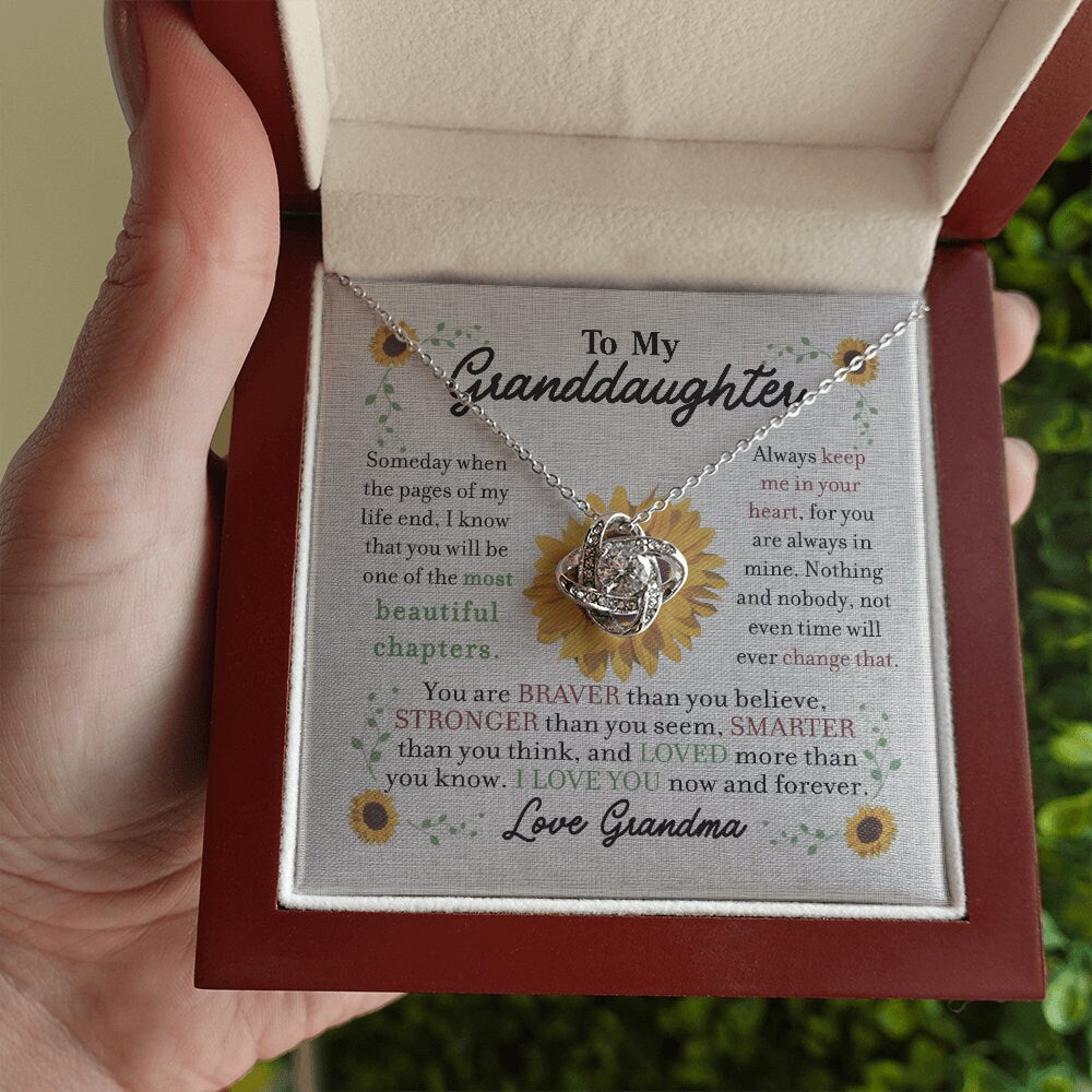 To My Granddaughter, Love Knot necklace 14K white gold & cubic zirconia pendant gift