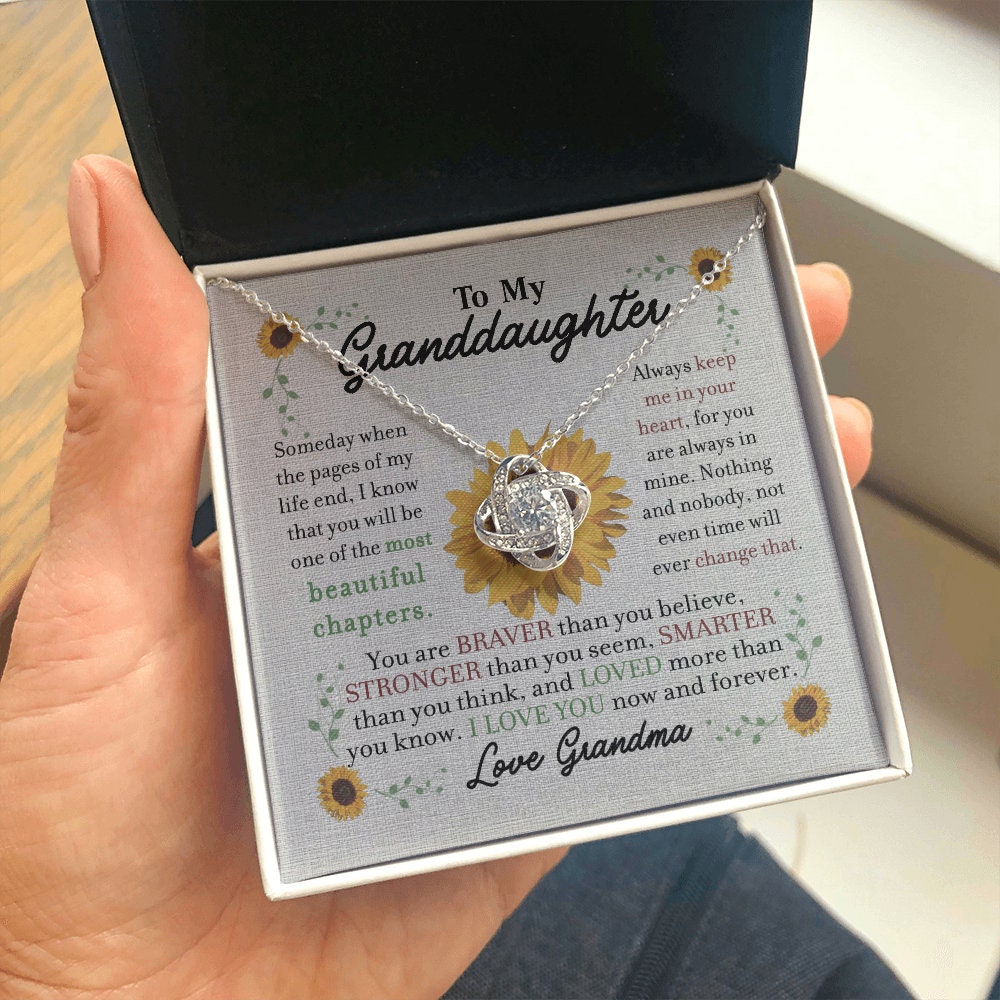 To My Granddaughter, Love Knot necklace 14K white gold & cubic zirconia pendant gift