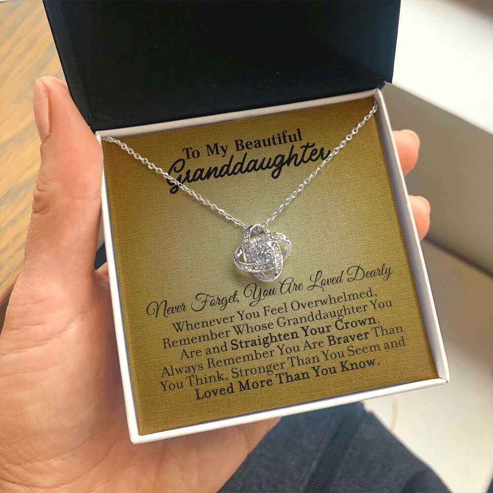 To My Granddaughter, Love Knot necklace 14K white gold & cubic zirconia pendant gift