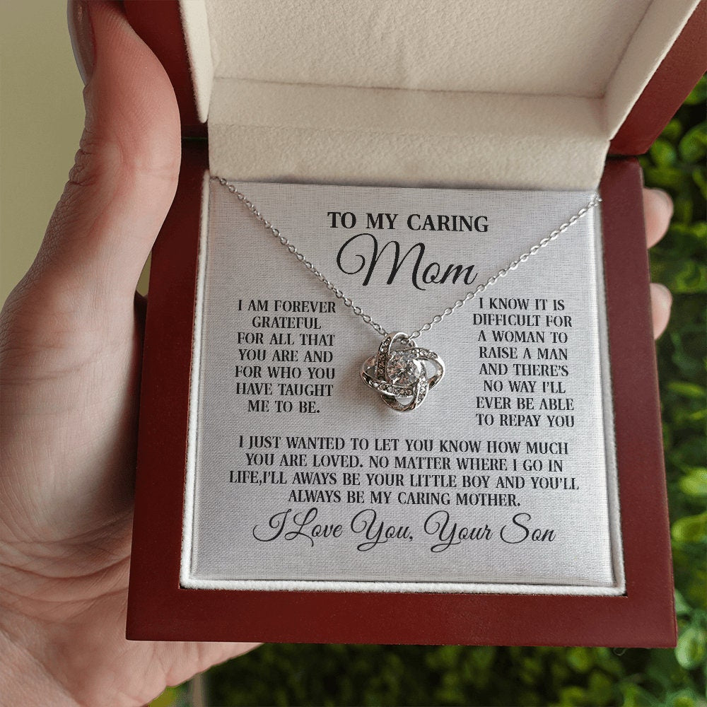 To My Caring Mom,Love Knot Heart necklace 14K white gold & cubic zirconia pendant gift