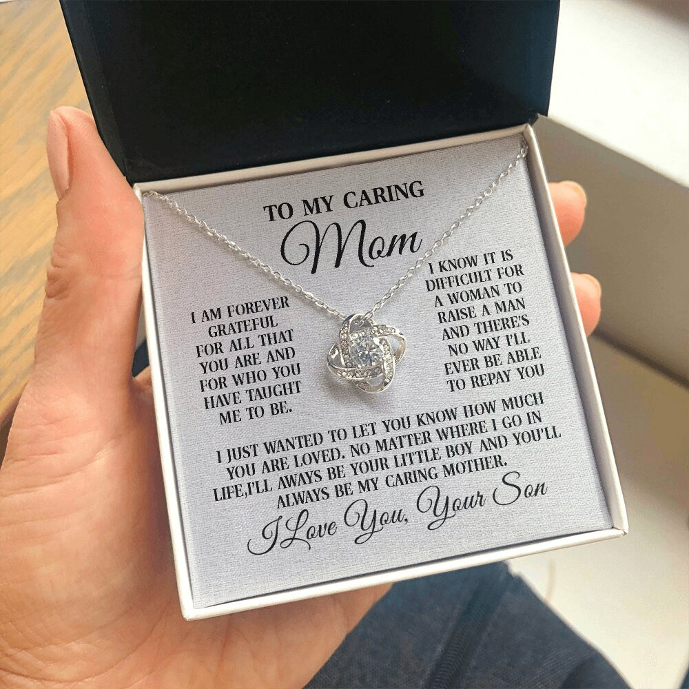 To My Caring Mom,Love Knot Heart necklace 14K white gold & cubic zirconia pendant gift