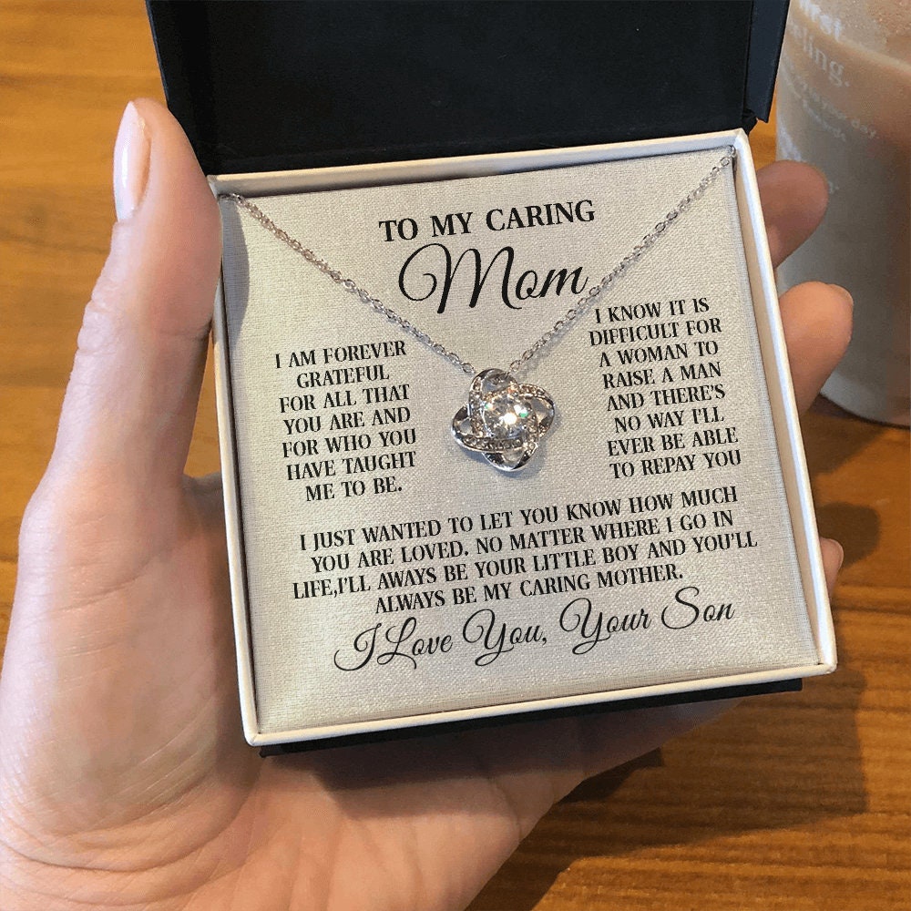 To My Caring Mom,Love Knot Heart necklace 14K white gold & cubic zirconia pendant gift