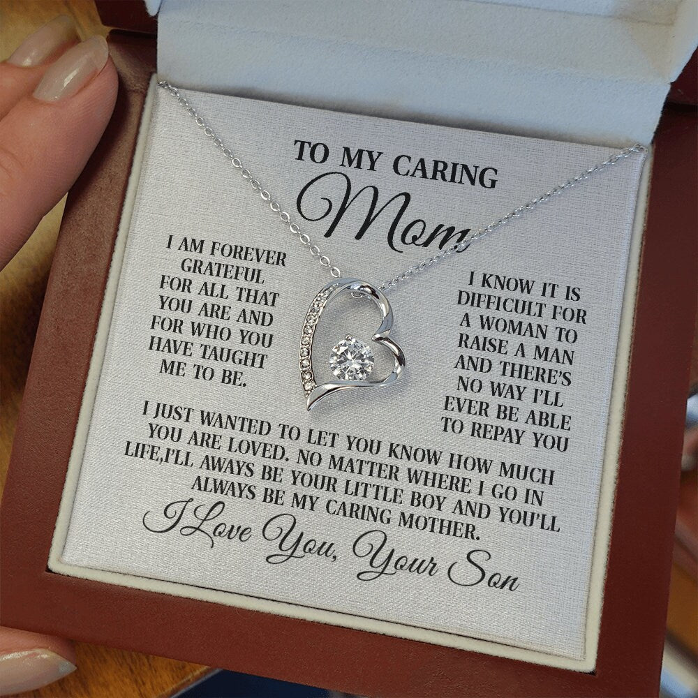 To My Caring Mom, Forever Love Heart necklace 14K white gold & cubic zirconia pendant gift