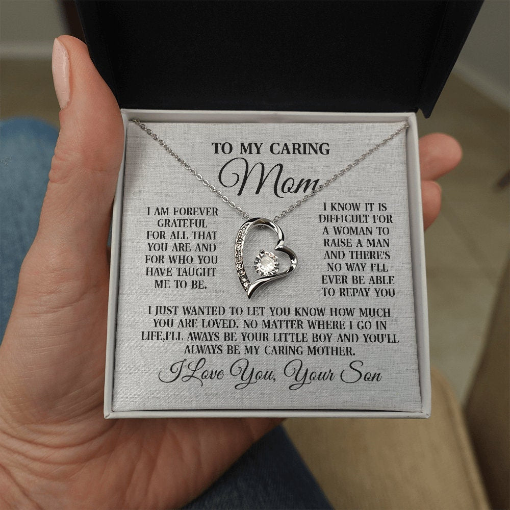 To My Caring Mom, Forever Love Heart necklace 14K white gold & cubic zirconia pendant gift