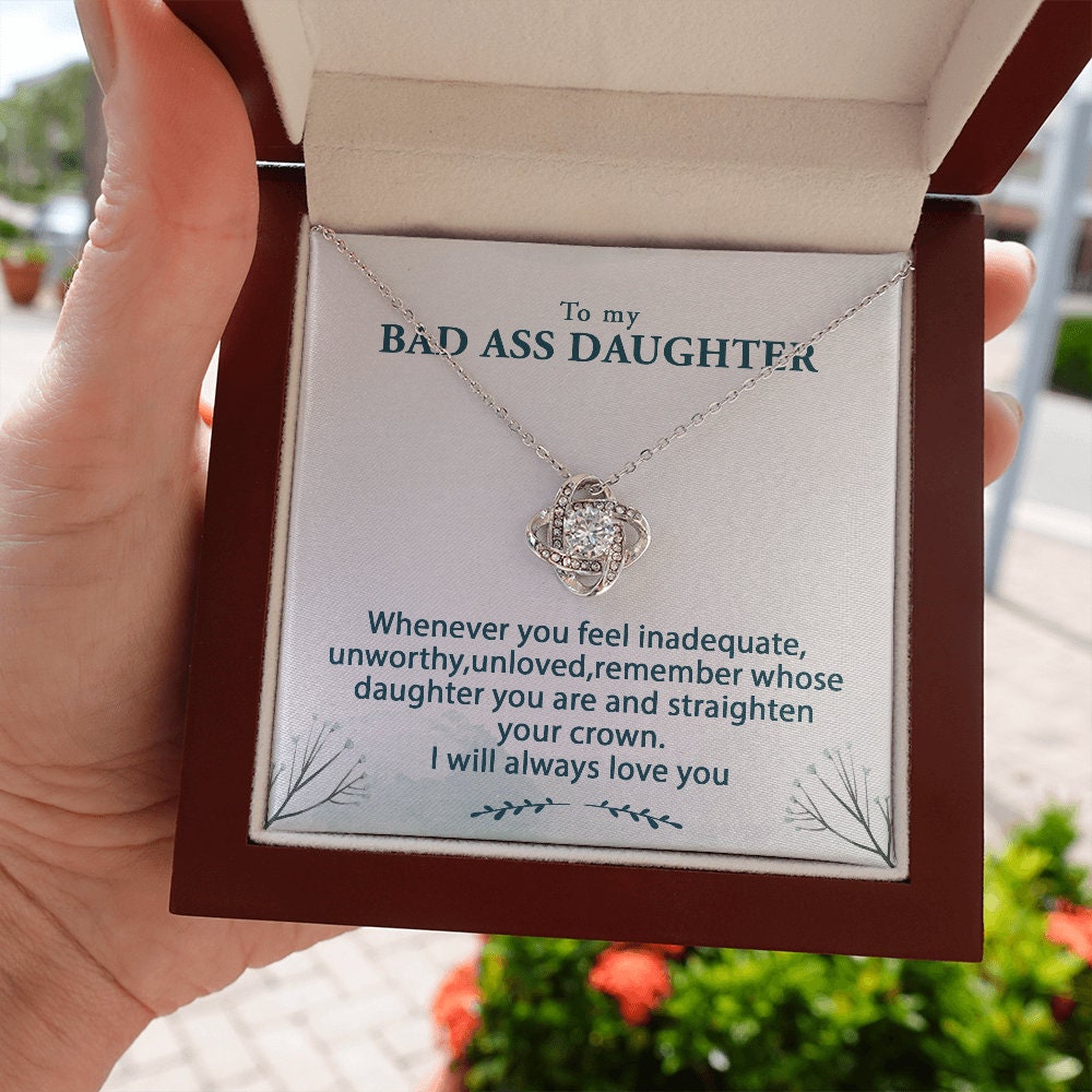 Badass Daughter Love Knot Necklace Gift for Her Cubic Zirconia 14k Gold