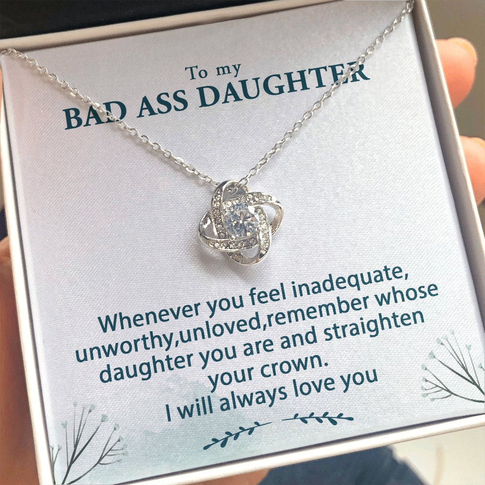 Badass Daughter Love Knot Necklace Gift for Her Cubic Zirconia 14k Gold