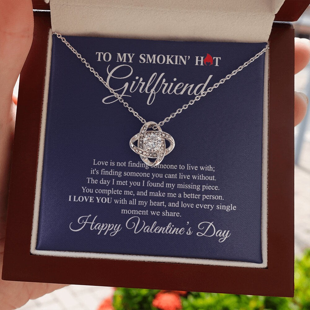 To My Smokin Hot Girlfriend, Love Knot necklace 14K white gold & cubic zirconia pendant gift