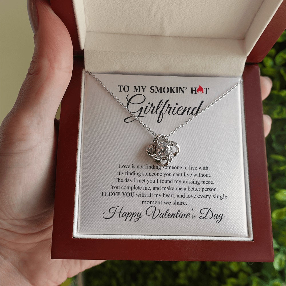 To My Smokin hot Girlfriend, Love Knot necklace 14K white gold & cubic zirconia pendant Valentines gift