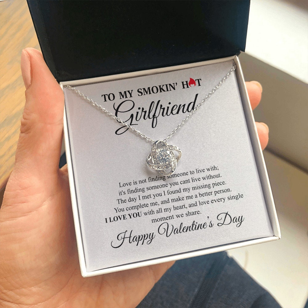To My Smokin hot Girlfriend, Love Knot necklace 14K white gold & cubic zirconia pendant Valentines gift