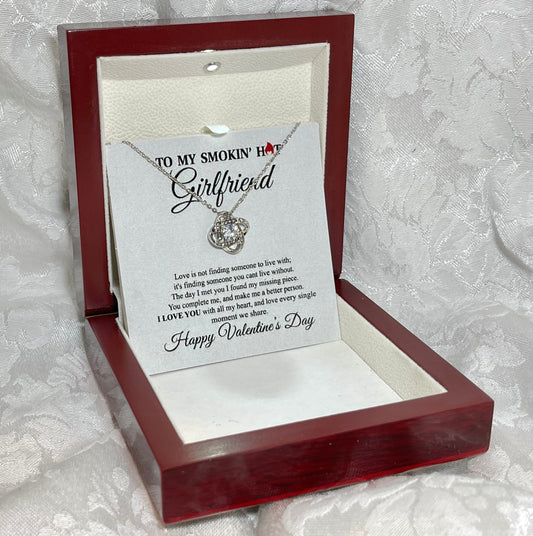 To My Smokin hot Girlfriend, Love Knot necklace 14K white gold & cubic zirconia pendant Valentines gift