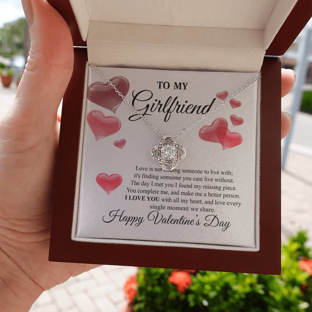 To My Girlfriend, Love Knot Heart necklace 14K white gold & cubic zirconia pendant Valentines gift