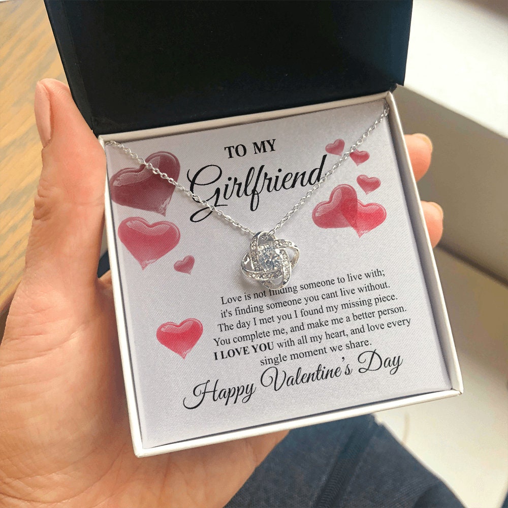 To My Girlfriend, Love Knot Heart necklace 14K white gold & cubic zirconia pendant Valentines gift
