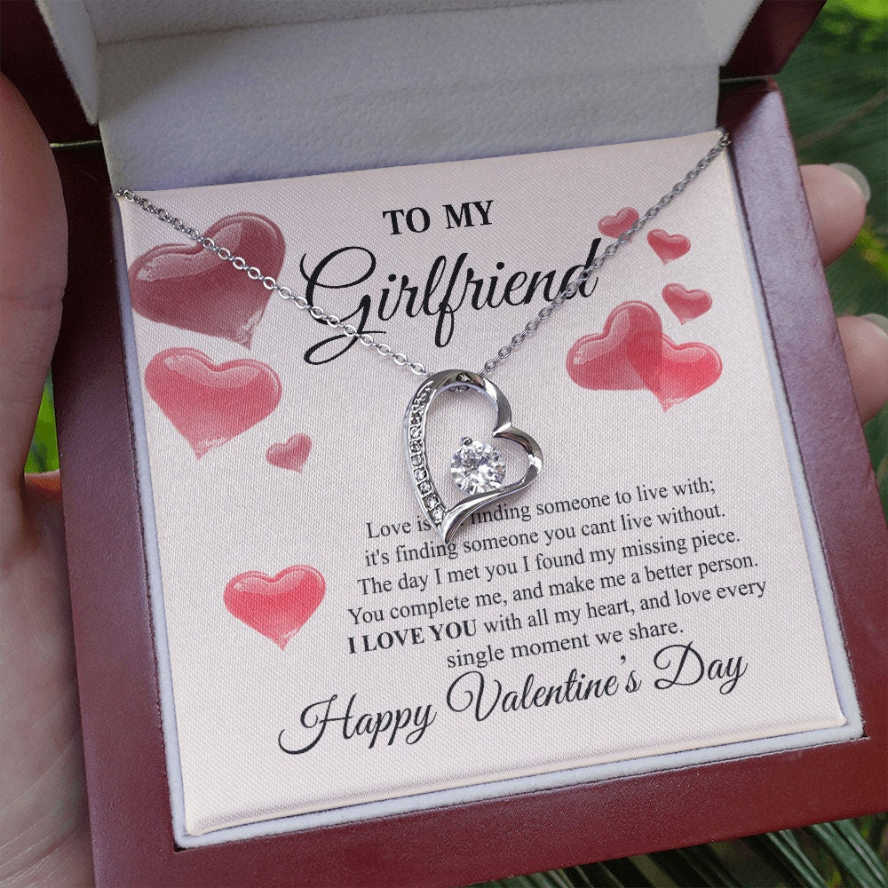To My Girlfriend, Forever Love Heart necklace 14K white gold & cubic zirconia pendant Valentines gift
