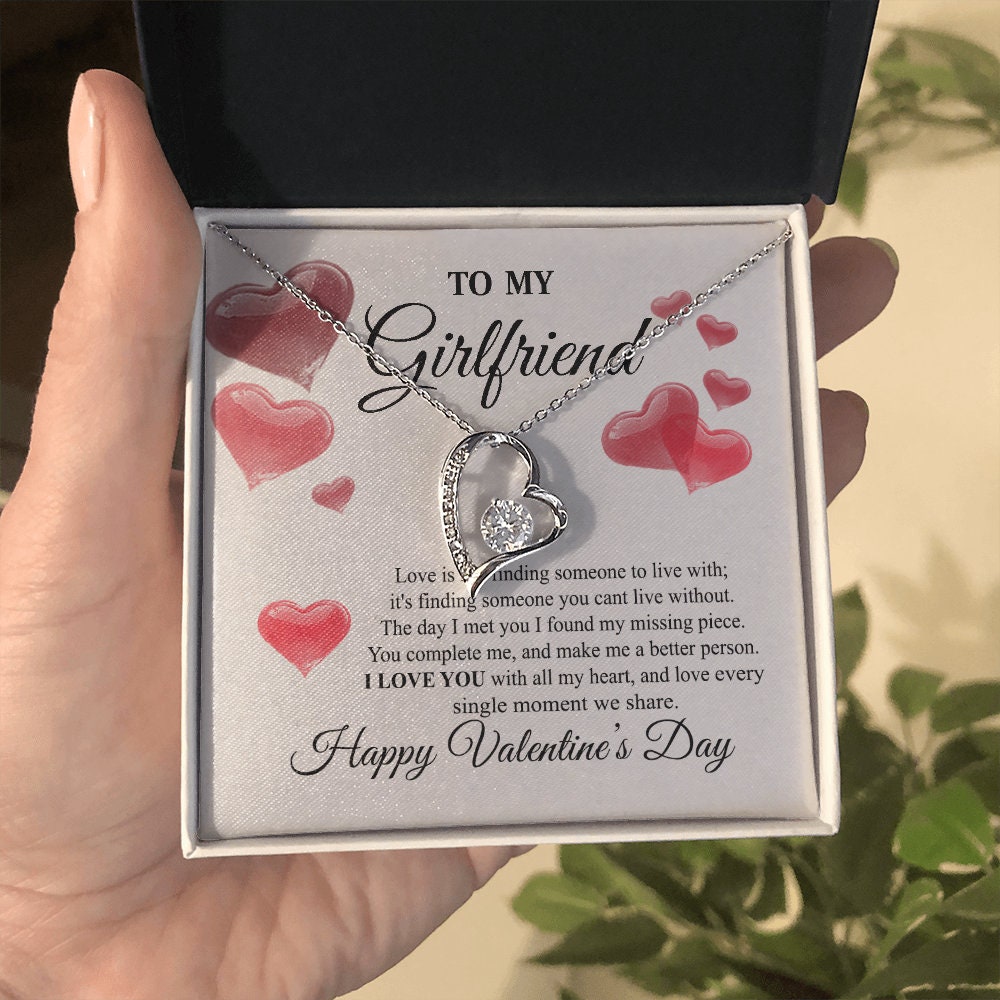 To My Girlfriend, Forever Love Heart necklace 14K white gold & cubic zirconia pendant Valentines gift