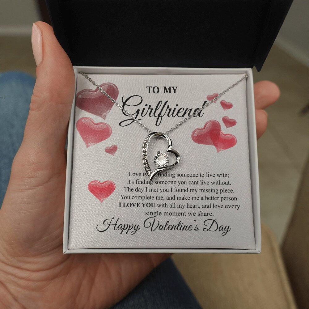 To My Girlfriend, Forever Love Heart necklace 14K white gold & cubic zirconia pendant Valentines gift
