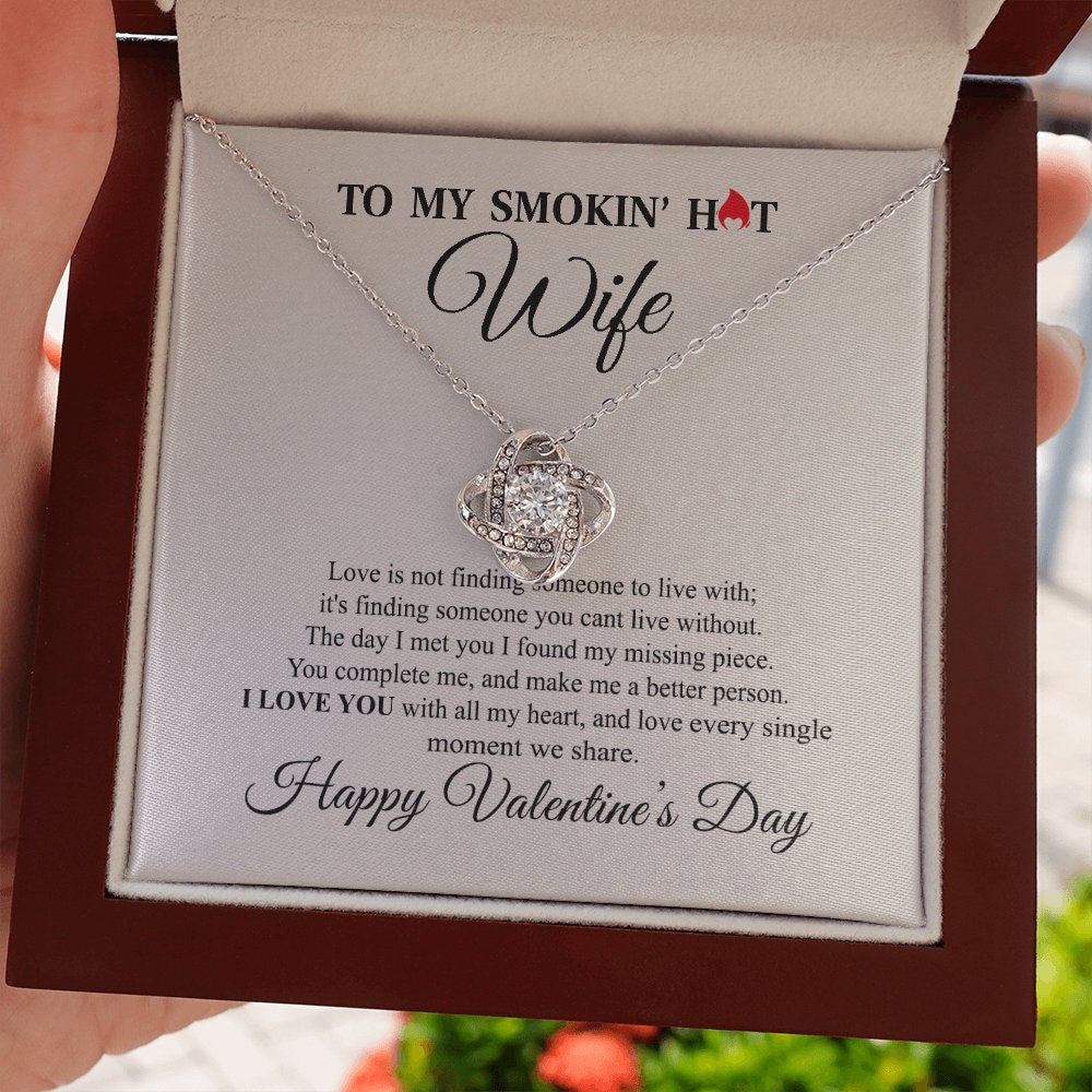 To My Smokin hot Wife, Love Knot Heart necklace 14K white gold & cubic zirconia pendant Valentines gift