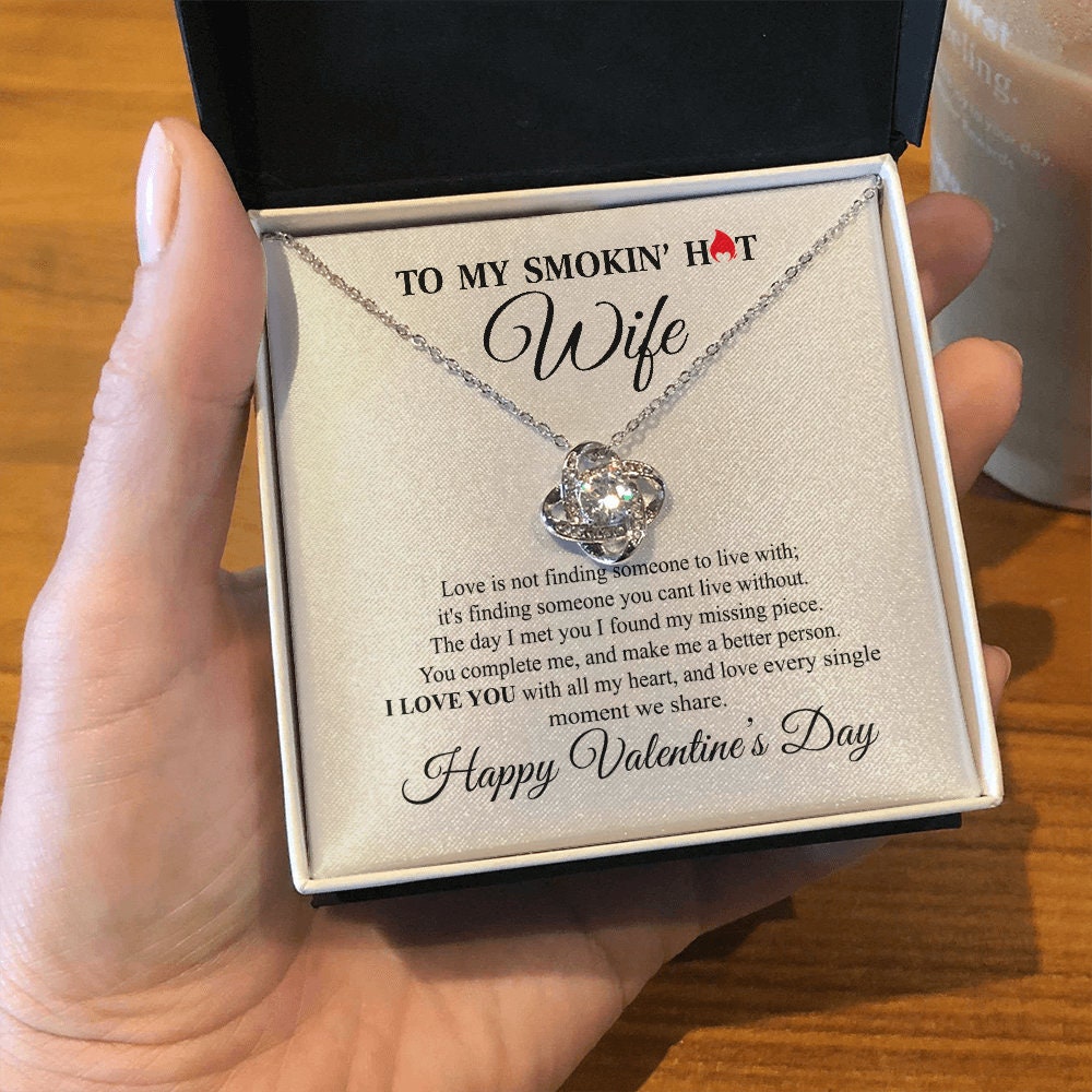 To My Smokin hot Wife, Love Knot Heart necklace 14K white gold & cubic zirconia pendant Valentines gift