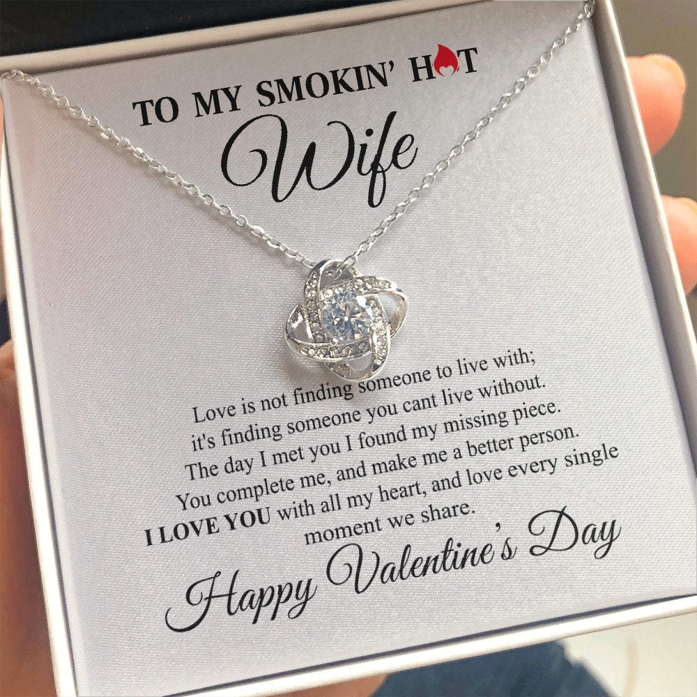 To My Smokin hot Wife, Love Knot Heart necklace 14K white gold & cubic zirconia pendant Valentines gift