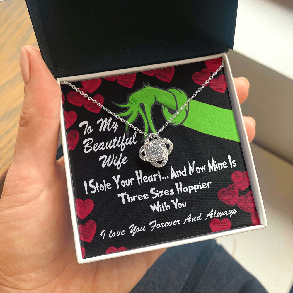To My Beautiful Wife, Grinch Love Knot necklace 14K white gold & cubic zirconia pendant Valentines gift