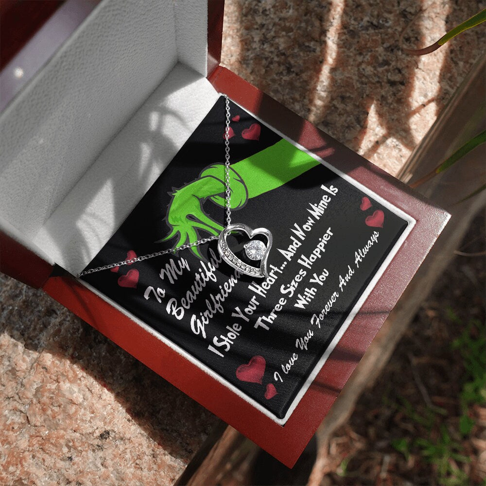 To My Beautiful Girlfriend, Grinch Forever Love Heart necklace 14K white gold & cubic zirconia pendant Valentines gift