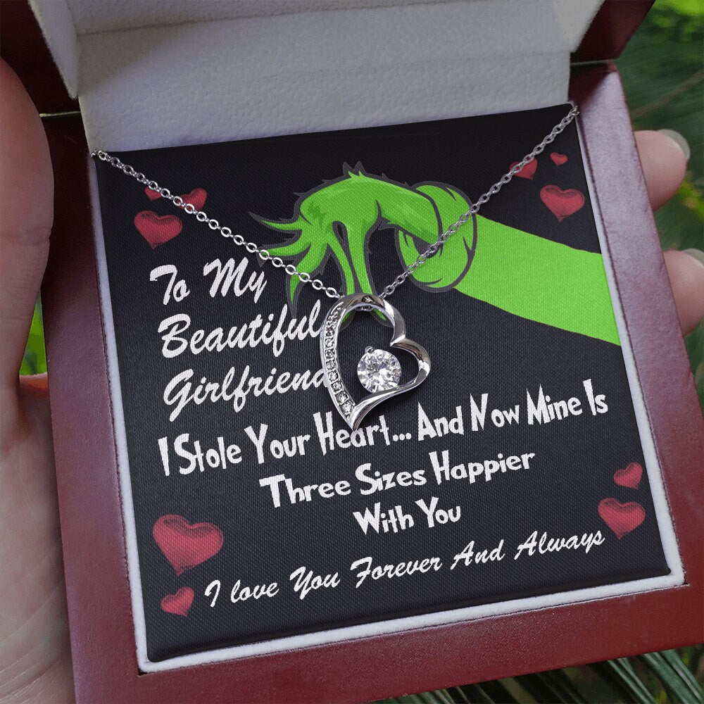 To My Beautiful Girlfriend, Grinch Forever Love Heart necklace 14K white gold & cubic zirconia pendant Valentines gift
