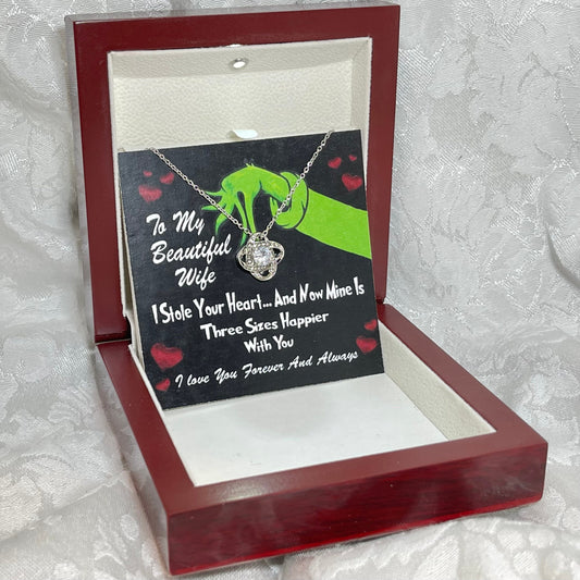 To My Beautiful Wife, Grinch Love Knot necklace 14K white gold & cubic zirconia pendant Valentines gift