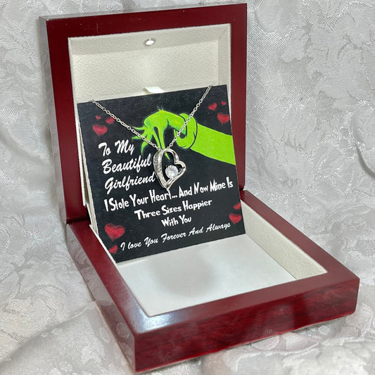 To My Beautiful Girlfriend, Grinch Forever Love Heart necklace 14K white gold & cubic zirconia pendant Valentines gift