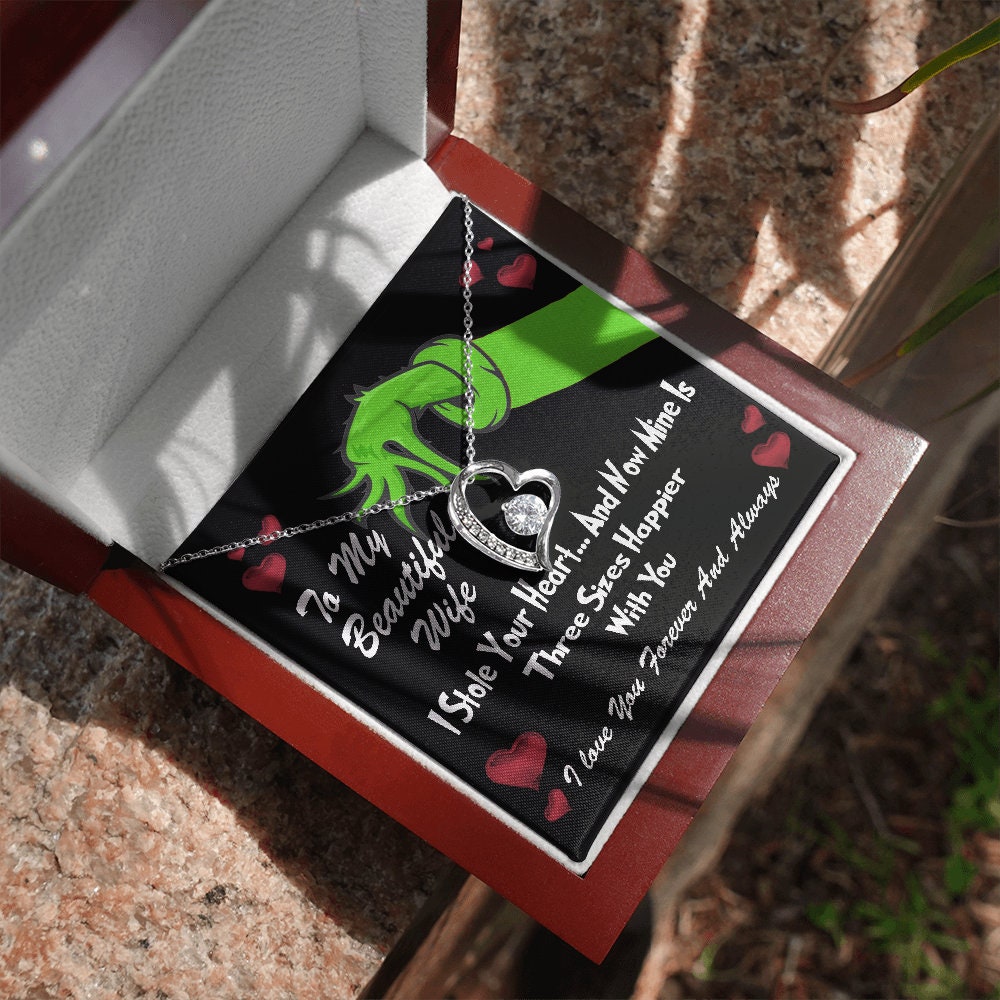 To My Beautiful Wife, Grinch Forever Love Heart necklace 14K white gold & cubic zirconia pendant Valentines gift