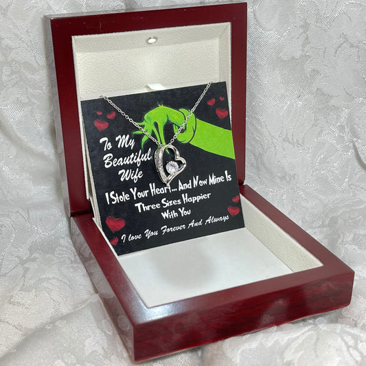 To My Beautiful Wife, Grinch Forever Love Heart necklace 14K white gold & cubic zirconia pendant Valentines gift