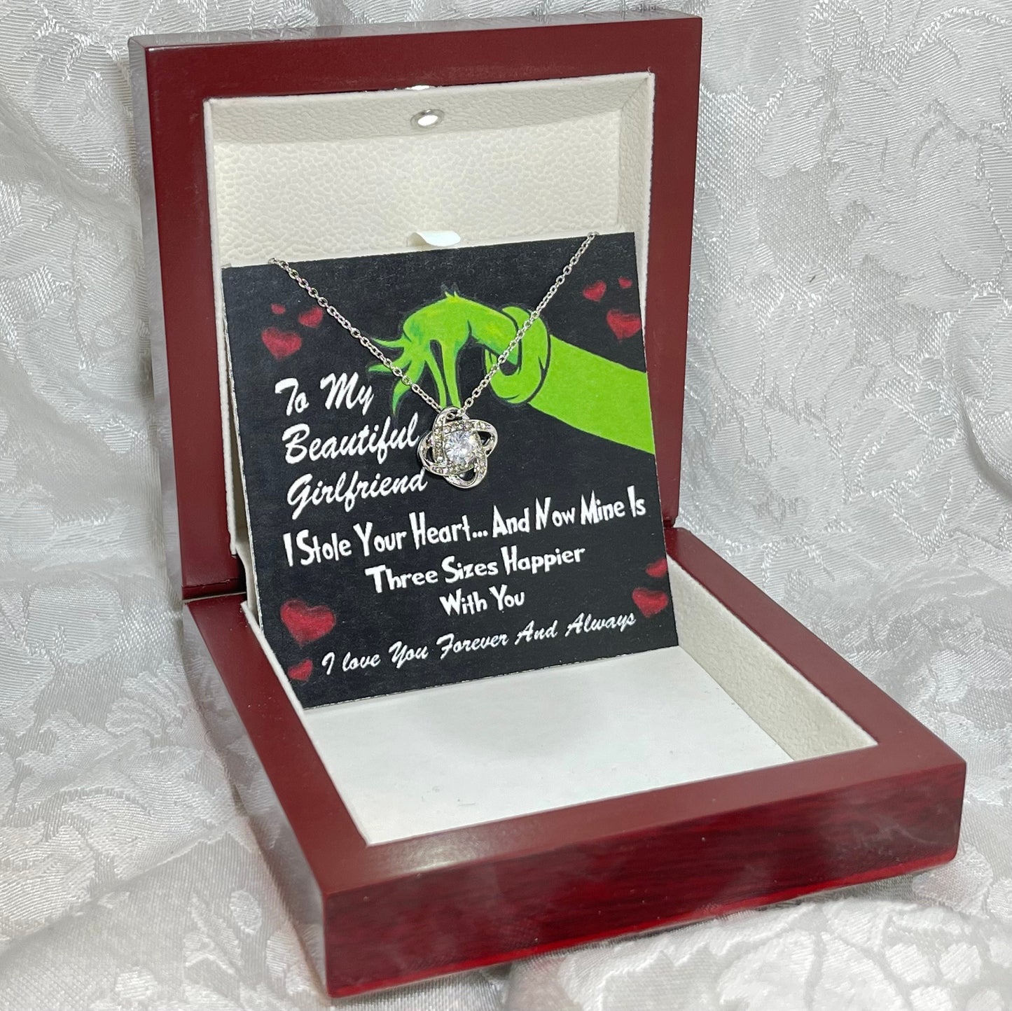 To My Beautiful Wife, Grinch Love Knot necklace 14K white gold & cubic zirconia pendant Valentines gift