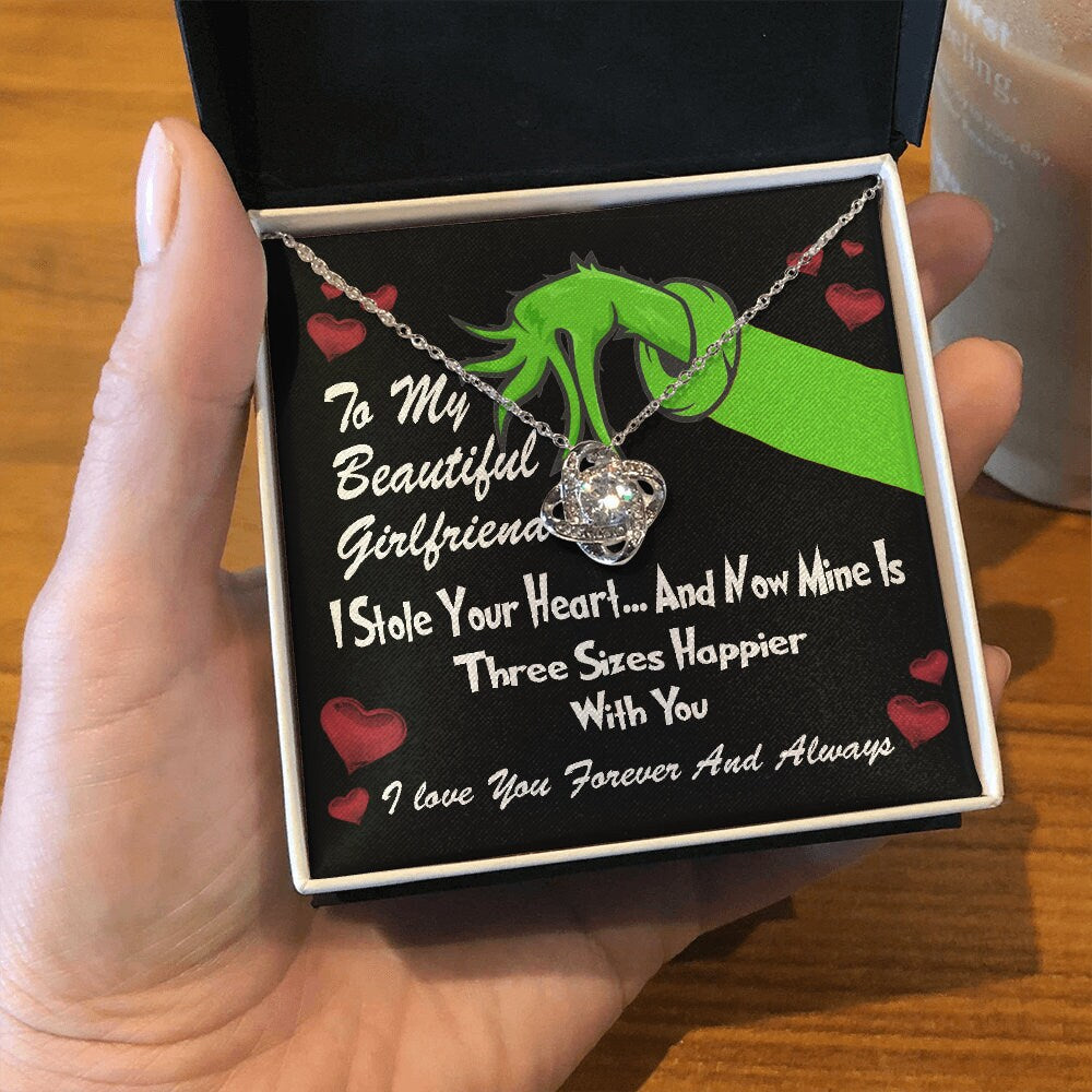 To My Beautiful Girlfriend, Grinch Love Knot necklace 14K white gold & cubic zirconia pendant Valentines gift