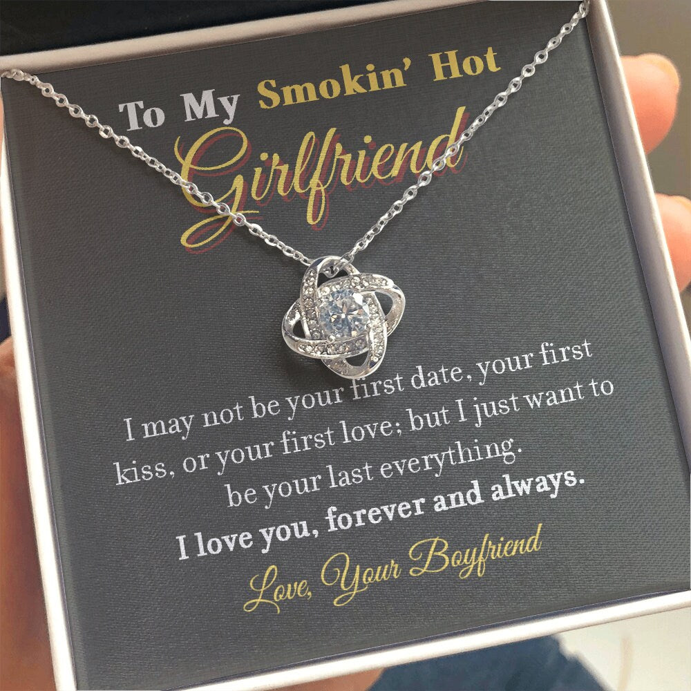 To My Smokin Hot Girlfriend, Love Knot necklace 14K white gold & cubic zirconia pendant gift