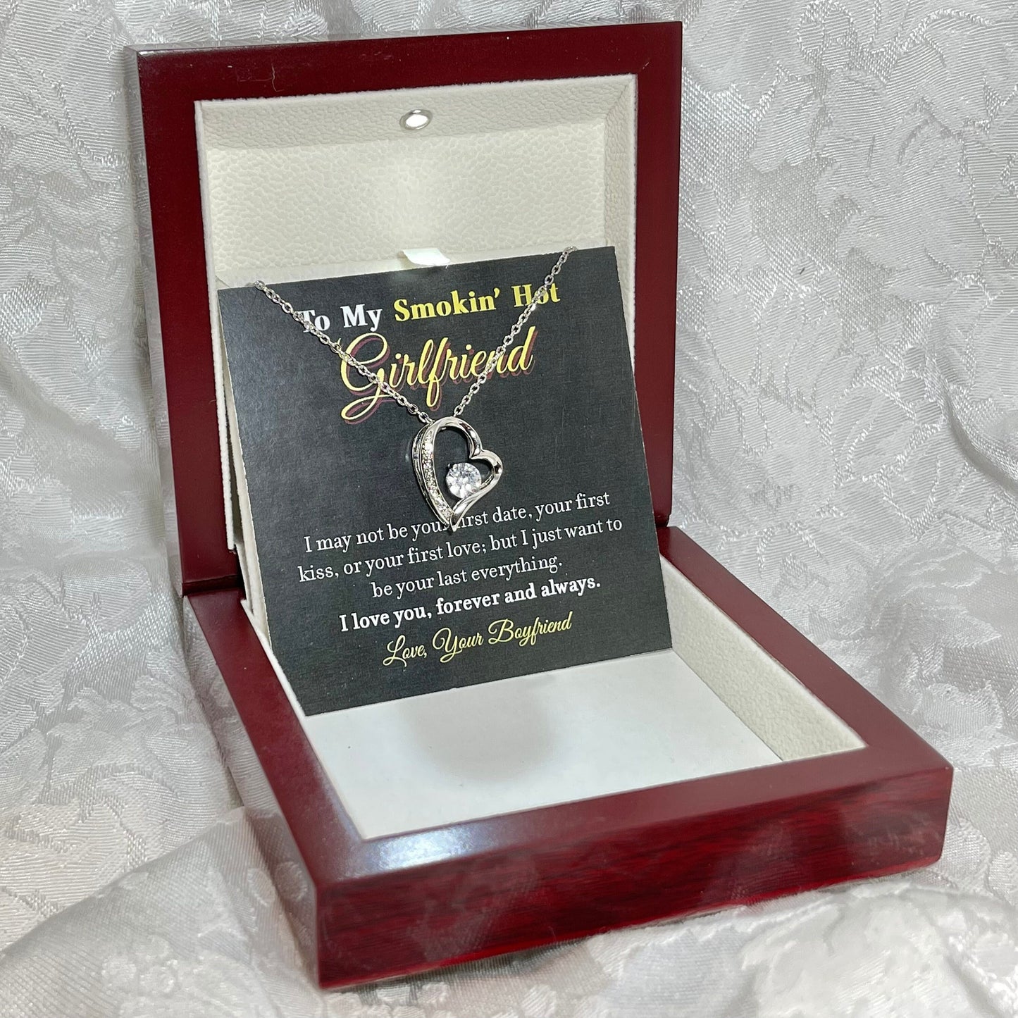 To My Smokin Hot Girlfriend, Forever Love Heart necklace 14K white gold & cubic zirconia pendant gift