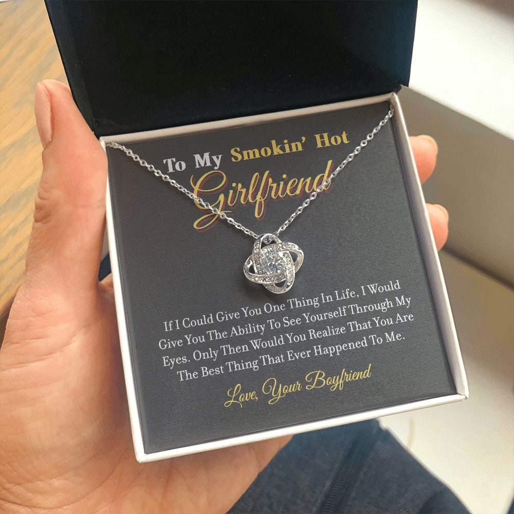 To My Smokin Hot Girlfriend, Love Knot necklace 14K white gold & cubic zirconia pendant gift