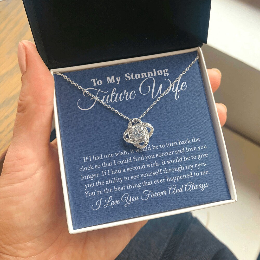 To My Stunning Future Wife, Love Knot necklace 14K white gold & cubic zirconia pendant gift