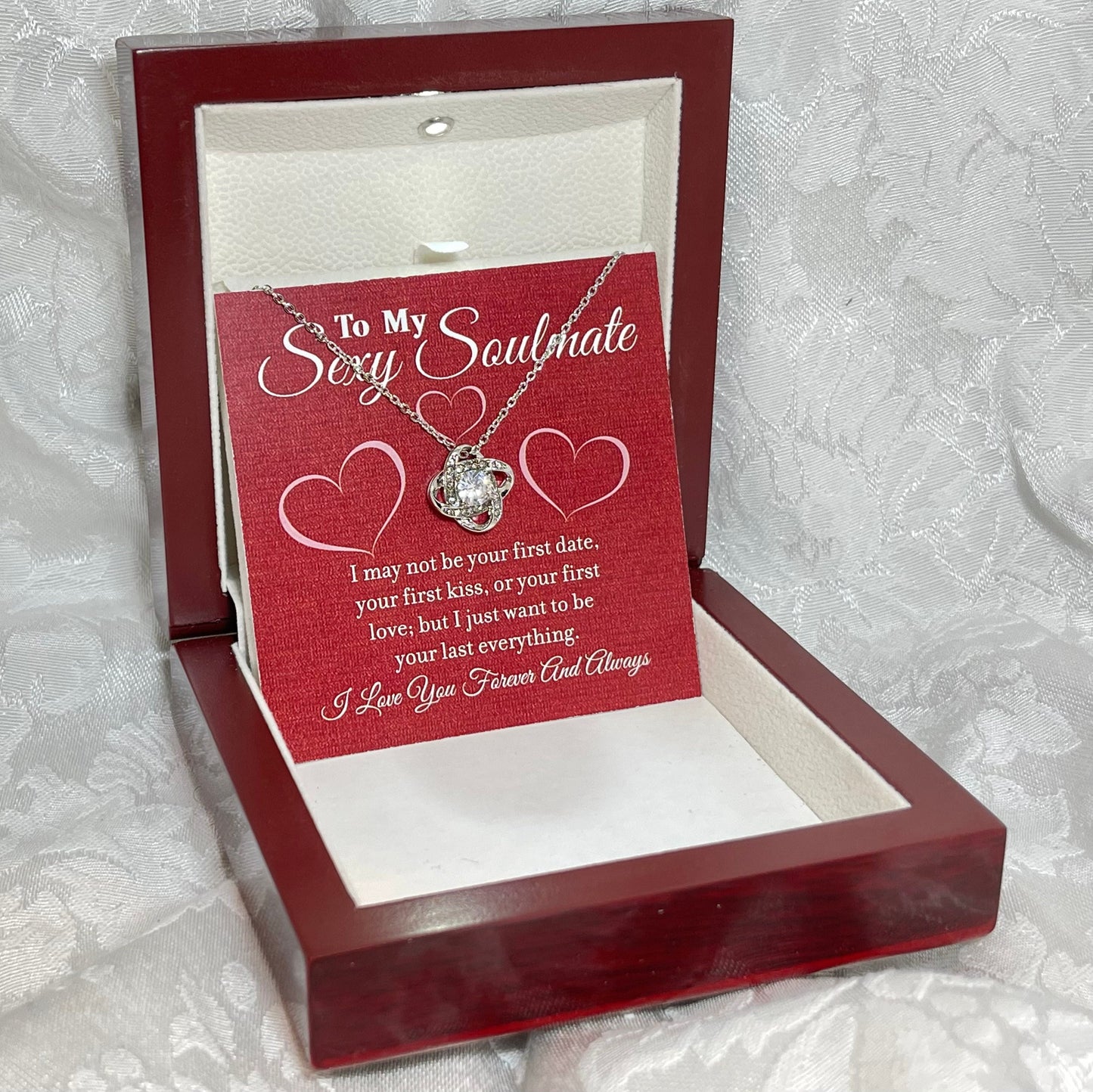 To My Sexy Soulmate, Love Knot necklace 14K white gold & cubic zirconia pendant gift