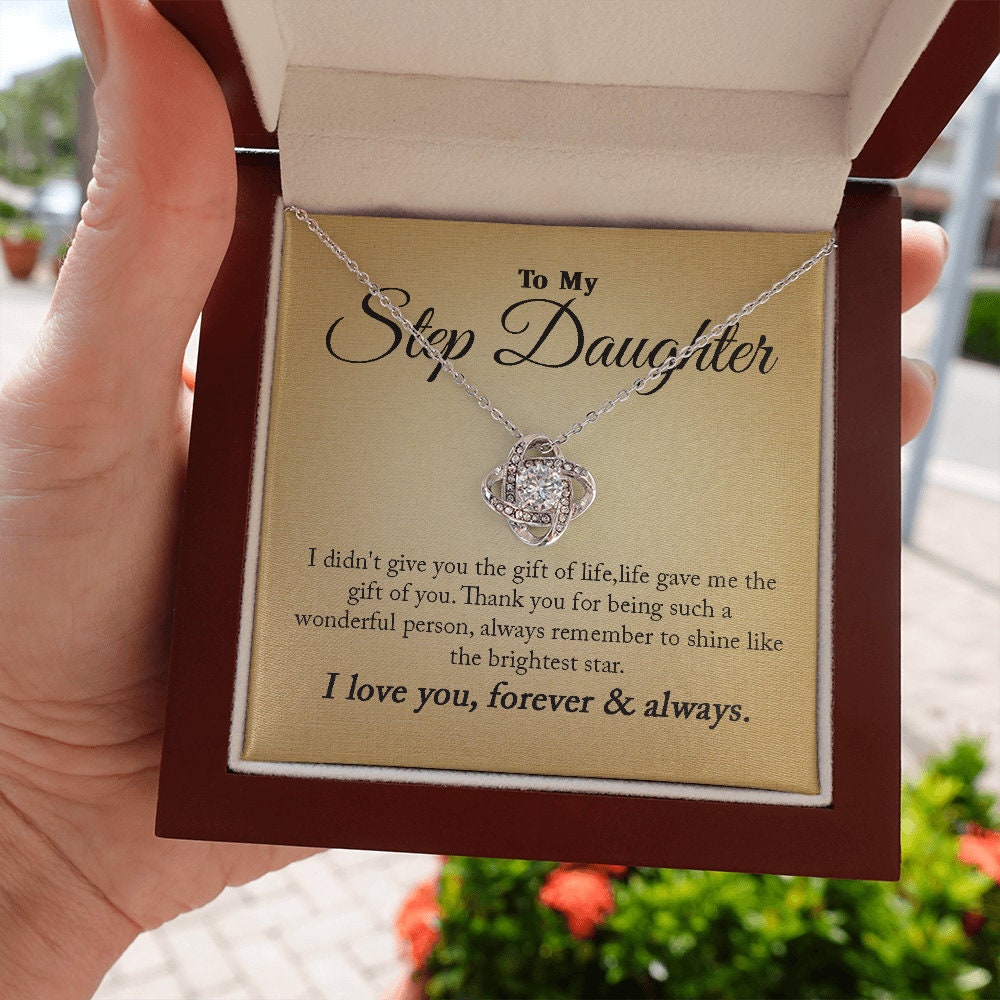 To My Step Daughter, Love Knot necklace 14K white gold & cubic zirconia pendant gift