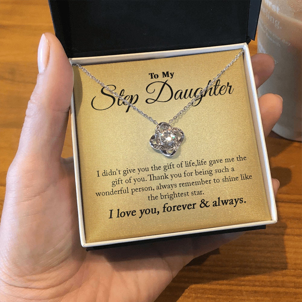To My Step Daughter, Love Knot necklace 14K white gold & cubic zirconia pendant gift