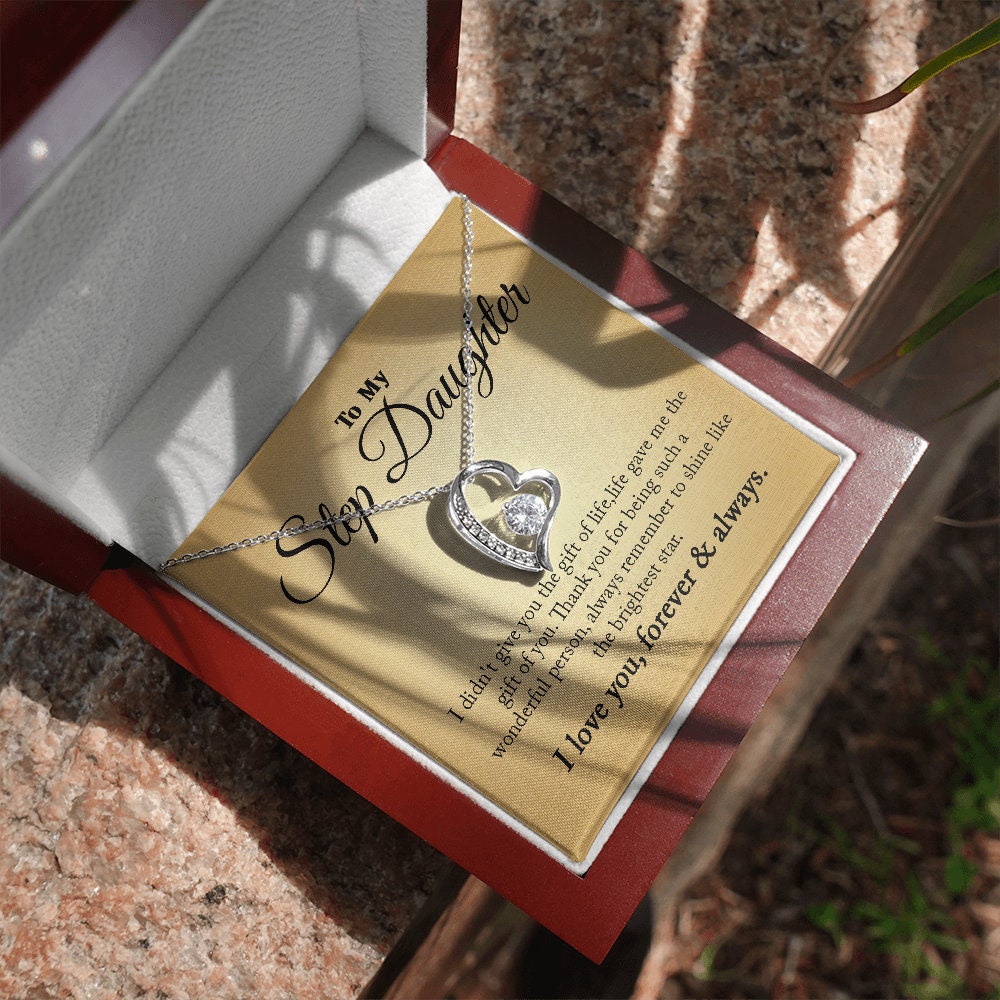 To My Step Daughter, Forever Love Heart necklace 14K white gold & cubic zirconia pendant gift
