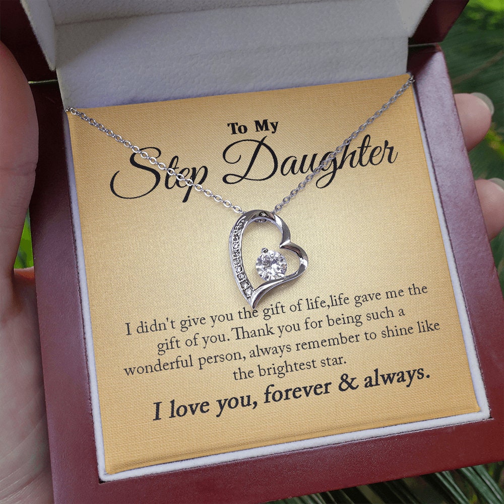 To My Step Daughter, Forever Love Heart necklace 14K white gold & cubic zirconia pendant gift